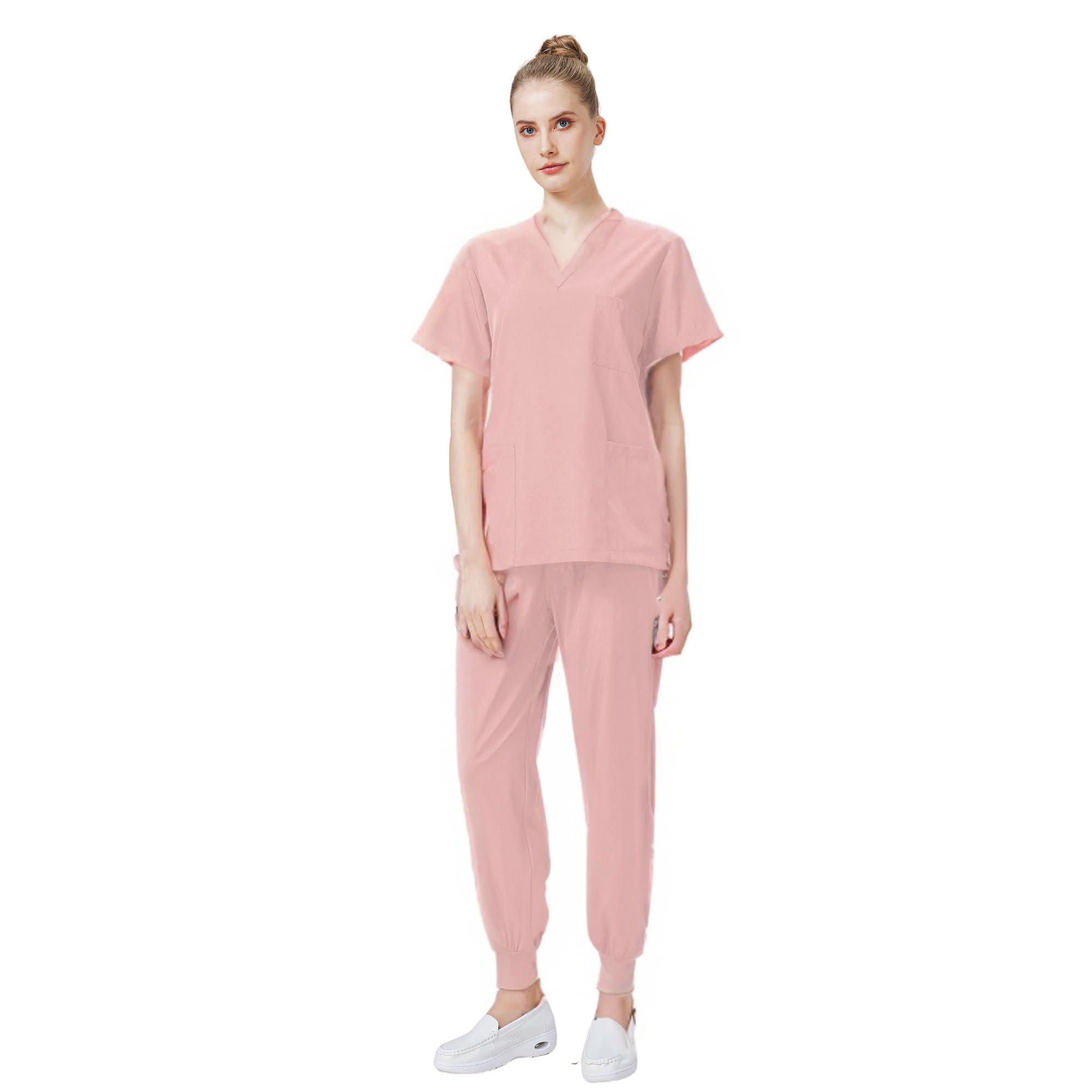 DK05 Combinaison médicale à col en V et manches courtes avec 3 poches Pantalon slim Séchage rapide Unisexe