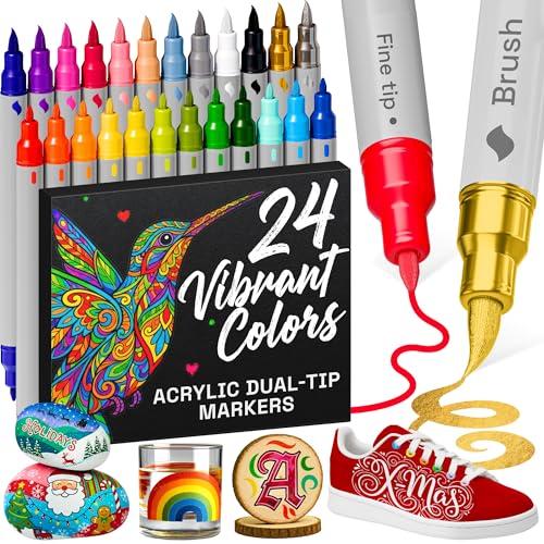 ARTISTRO 24 Acrylic Paint Markers - Paint Pens for Calligraphy, Brush + Fine Tips - For Fabric,...