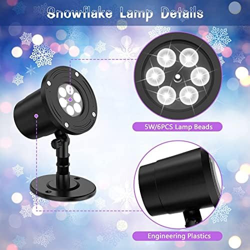 Holiday Snowflake Projector Light, YAZEKY Snowfall LED Light Adjustable Lamp, IP65 Waterproof White Snow Decoration Spotlights for Outdoor Indoor Night Light for Christmas Holiday Party Garden