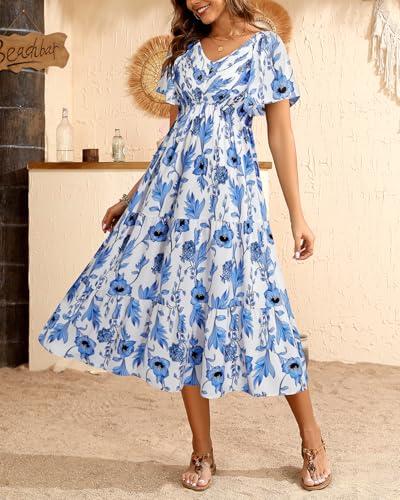Image of Pinup Fashion Maternity Summer Dress Baby Shower Easter Pregnancy A-Line | Smocked V-neck, flutter sleeves, breathable floral fabric, bump friendly, perfect for photoshoot, spring casual,postpartum