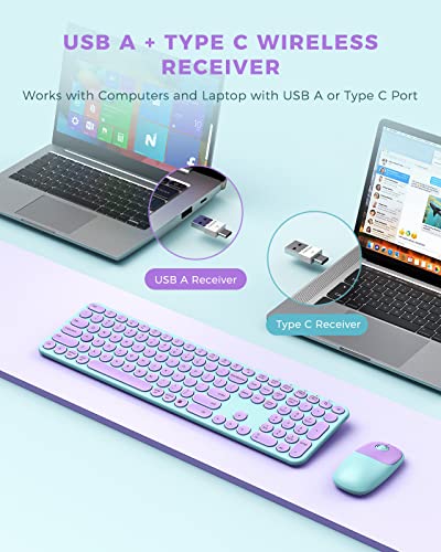 Wireless-Keyboard-and-Mouse-Combo-seenda-USB-Type-C-Wireless-Mouse-and-Keyboard-for-Mac-and-Windows-USB-C-Full-Size-Round-Key-Cute-Keyboard-for-Mac-Windows-7810-Laptop-Computer-Purple-Green