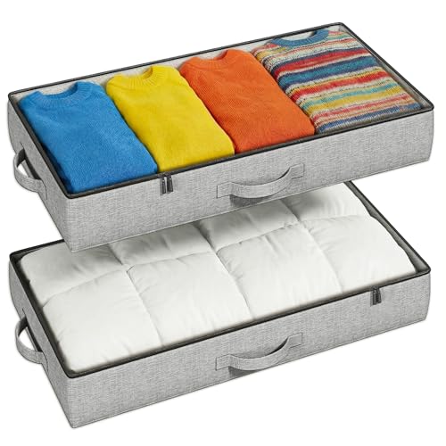2-Pack-Under-Bed-Storage-Containers-45-Inches-Tall-Clothes-Storage-Grey-Low-Profile-Collapsible-Underbed-Organizer-Bin-with-Sturdy-SidewallsBottom-Cotton-linen-For-Seasonal-Clothes-Bedding
