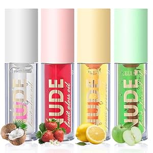 4Pcs Fruit Color Changing Lip Gloss Lipstick Set,Temperature Color Changing Lip Oil Tinted Lip Stain Lip Balm, Long Lasting Moisturizing Lip Glow Oil for Lip Care, Coconut Strawberry Orange Apple