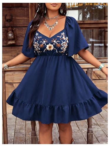 Image of BEAUDRM Women's Plus Size Western Cowgirl Dress Floral Boho Country Flowy Causal Spring Mini Dress Summer Vacation Outfits