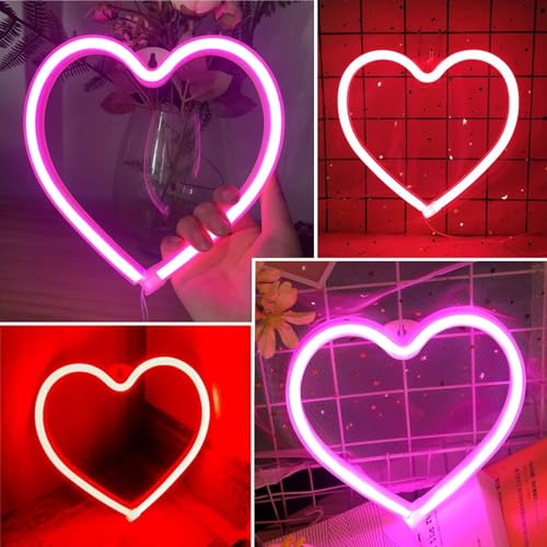 Image of 2PK Heart Neon Sign Battery Operated or USB Powered Heart Lights Pink & Red | LED Heart Neon Lamp for Valentines Day Wedding Proposal Mother's Day Dorm Bedroom Decor, Gifts for Mom Wife Girfriend Girls