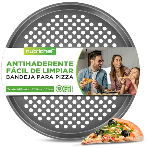 Nutrichef molde pizza horno, Frescas y congeladas, Antiadherente, Orificios de ventilacion, Acero al carbono, 12.8”
