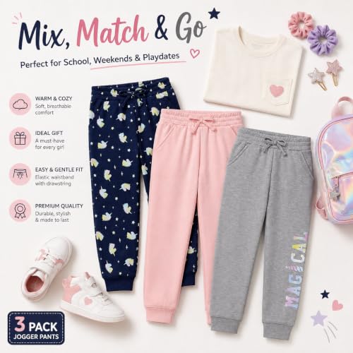 Image of BTween Kids Girls Fashion Stretch Waist Ultra Soft Jogger Pants Set 3 Pack Bundle