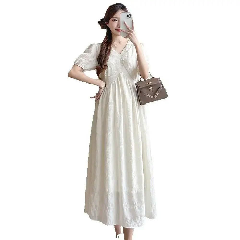 QXDZSW Abito estivo premaman plissettato a vita alta con scollo a V manica corta donna incinta elegante vestito gravidanza vestiti larghi