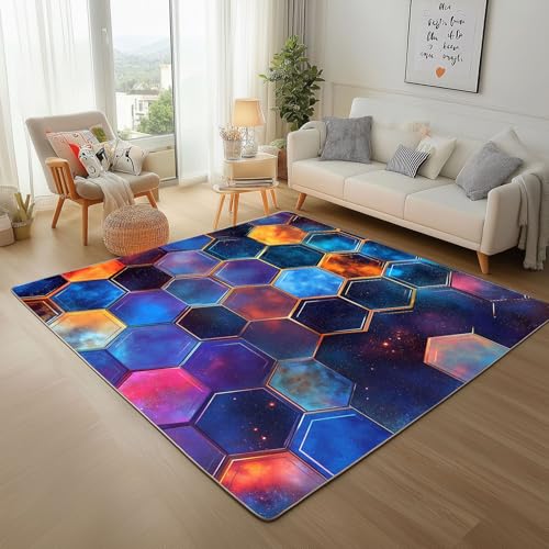 Abstract Space Rugs for Futuristic Hexagon Washable Rug for Living
