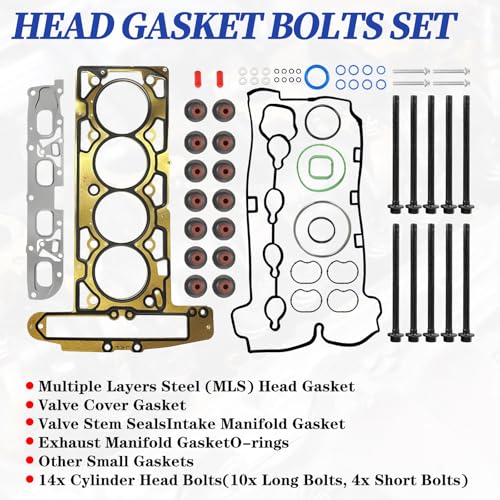 Image of Engine Head Gasket Set w /Cylinder Head Bolts ES72196 | Compatible with 2010-2017 Chevy Equinox Captiva Malibu GMC Terrain Buick Regal Lacrosse, GMC 2.4L 2384cc 145cid L4 DOHC