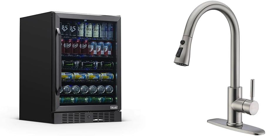 NewAir 24" Beverage Refrigerator Cooler - 177 Can Capacity Mini Fridge & WEWE Single Handle High Arc Brushed Nickel Pull Out Kitchen Faucet Black 177 Can Cooler + Kitchen Faucet