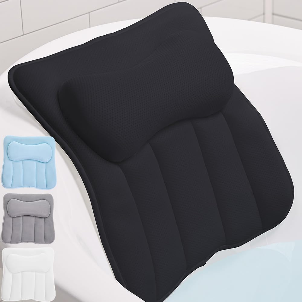 GORILLA GRIP Bath Pillow for Tub, Strong Suction Cups, Headrest with Mesh FlexComfort Technology, Neck, Head and Back Support, Luxury Machine Wash Bathtub Pillows, Spa Essential Accessories, Black
