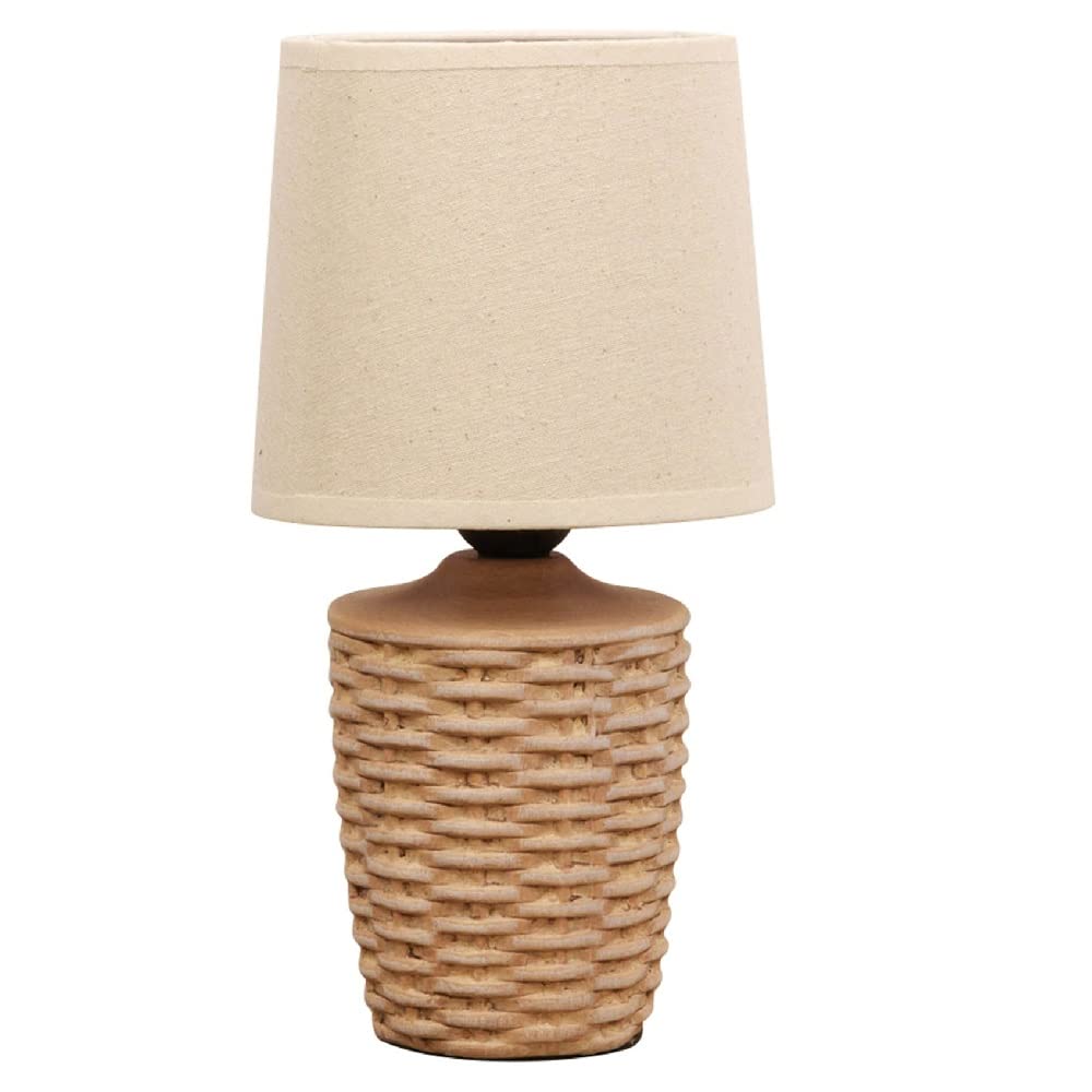 Britalia Tan Distressed Ceramic Vintage Basket Weave Urn Base Table Desk Lamp With Beige Linen Tapered Drum Lampshade | 30Cm Height | Es E27 Lamp Bulb Required | Uk Approved