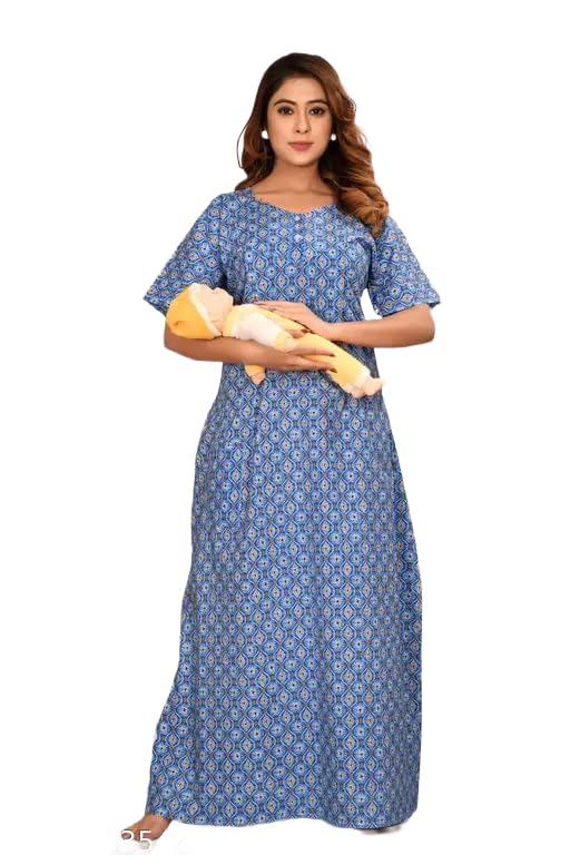 Padmavati Creation' Maternity Feeding Nighty with Front Zipper Soft Cotton Nursing Night Dress for Pregnancy & Breastfeeding CTN_NGT_FLO_38_Blue-image-20
