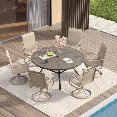 Image of VICLLAX Round Patio Table with Adjustable Umbrella Hole for 6, All Weather Metal Outdoor Dining Table for Lawn Garden, 50 inch Outdoor Coffee Table, Grey Wood-Like Tabletop