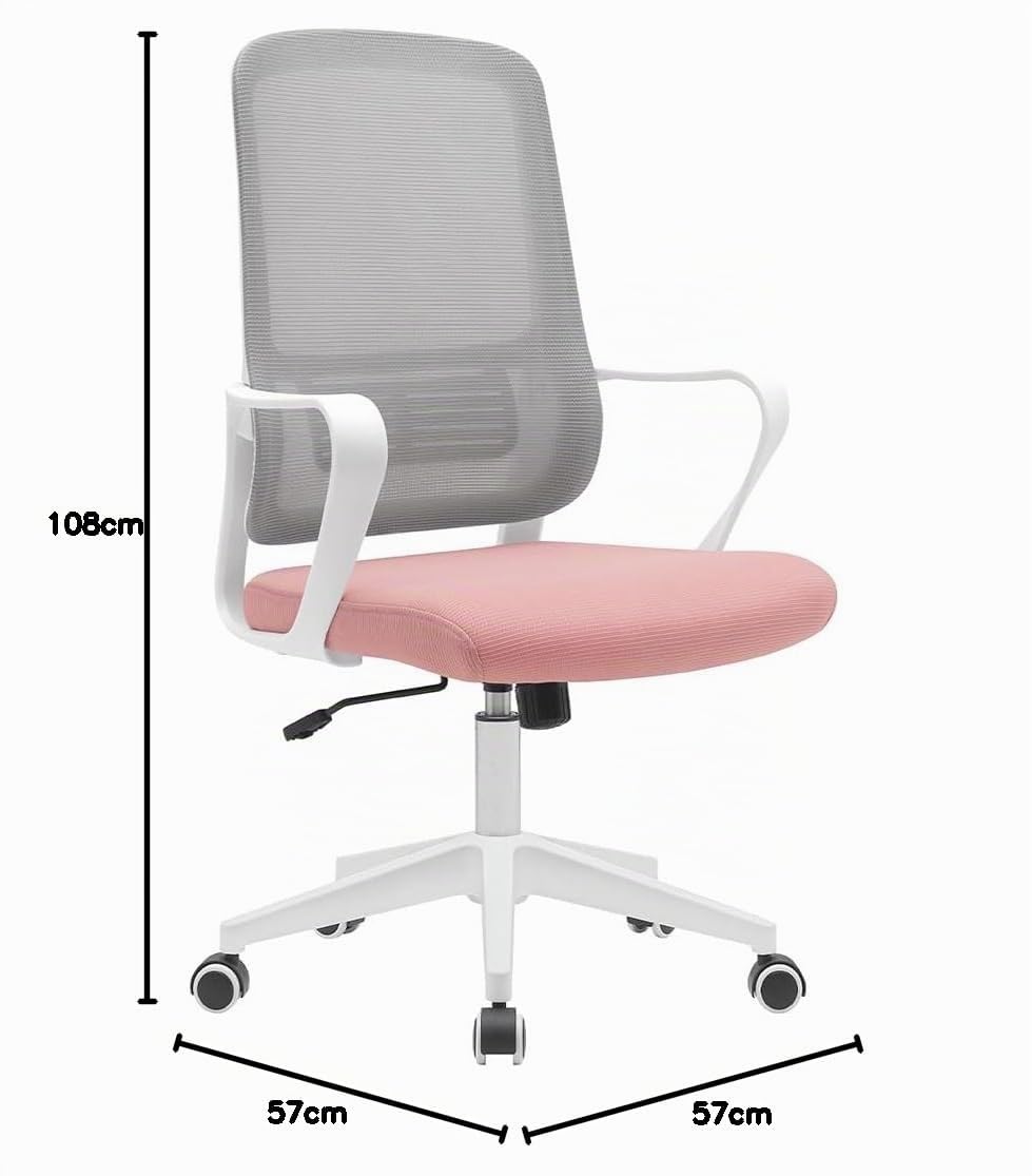 BAKAJI Silla de Escritorio ergonómica con Ruedas giratorias antiarañazos, Respaldo de Tela Transpirable y Soporte Lumbar, sillón de Estudio u Oficina, Ajuste de la Altura del Gas 98-108 cm (Rosa y