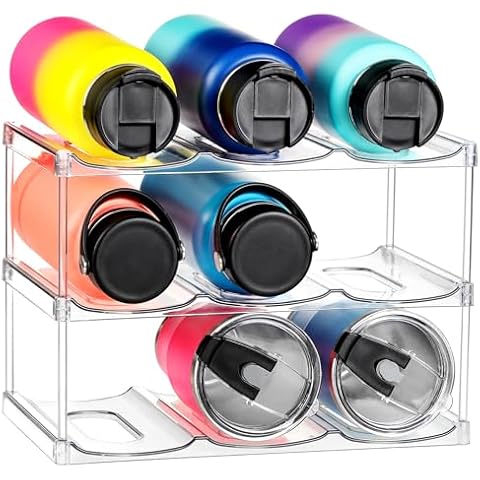 LANDNEOO Stackable Water Bottle Organizer Holder - for Stanley & Others' Large Tumbler Organization - Clear Wine Rack, Bottle Holder for Home Countertop Fridge Pantry Shelf, 3 Tier Hold 9 Cover