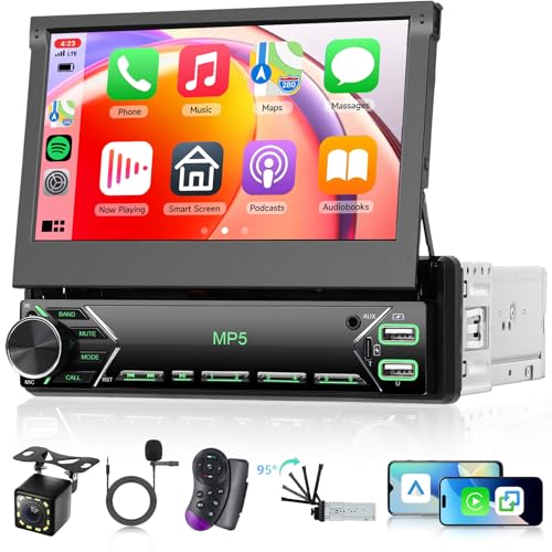 Single Din Flip Out Car Stereo Touch Screen Wireless Carplay Android Auto, 7 inch Car Radio 1 Din Bluetooth Support FM/EQ USB/Type-C SWC, Driauto Car Audio Receiver MP5 Player with Backup Camera