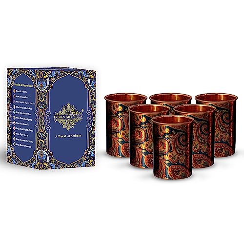 Indian Art Villa Printed Copper Glass Tumbler Cup, Drinkware & Serveware, 10 OZ, Blue, Set of 6