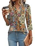 IECCP 3/4 Length Sleeve Womens Tops Puff Sleeve Summer Boho Tops Dressy Casual V Neck Button Pleated Shirts Ladies Loose Fit Tunic Pullover (Ethnic Print,L)