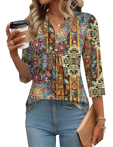 IECCP 3/4 Length Sleeve Womens Tops Puff Sleeve Summer Boho Tops Dressy Casual V Neck Button Pleated Shirts Ladies Loose Fit Tunic Pullover (Ethnic Print,L)
