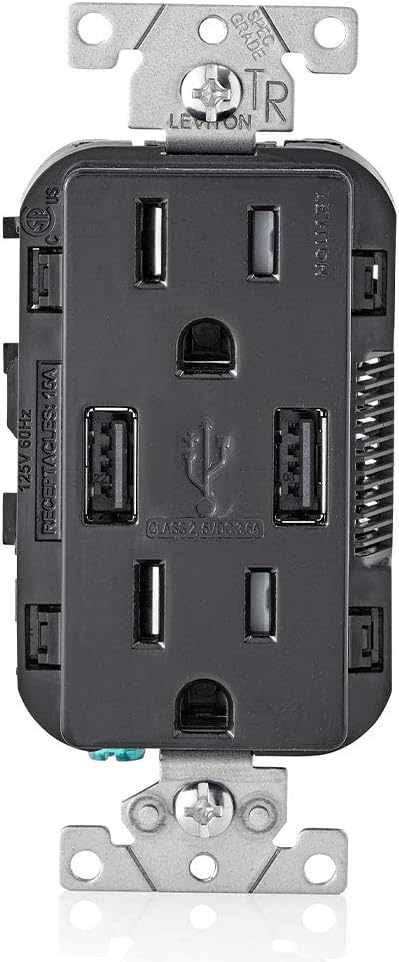Leviton T5632-E Type-A USB in-Wall Charger with 15A Tamper-Resistant Outlet, USB Charger for Smartphones, Black