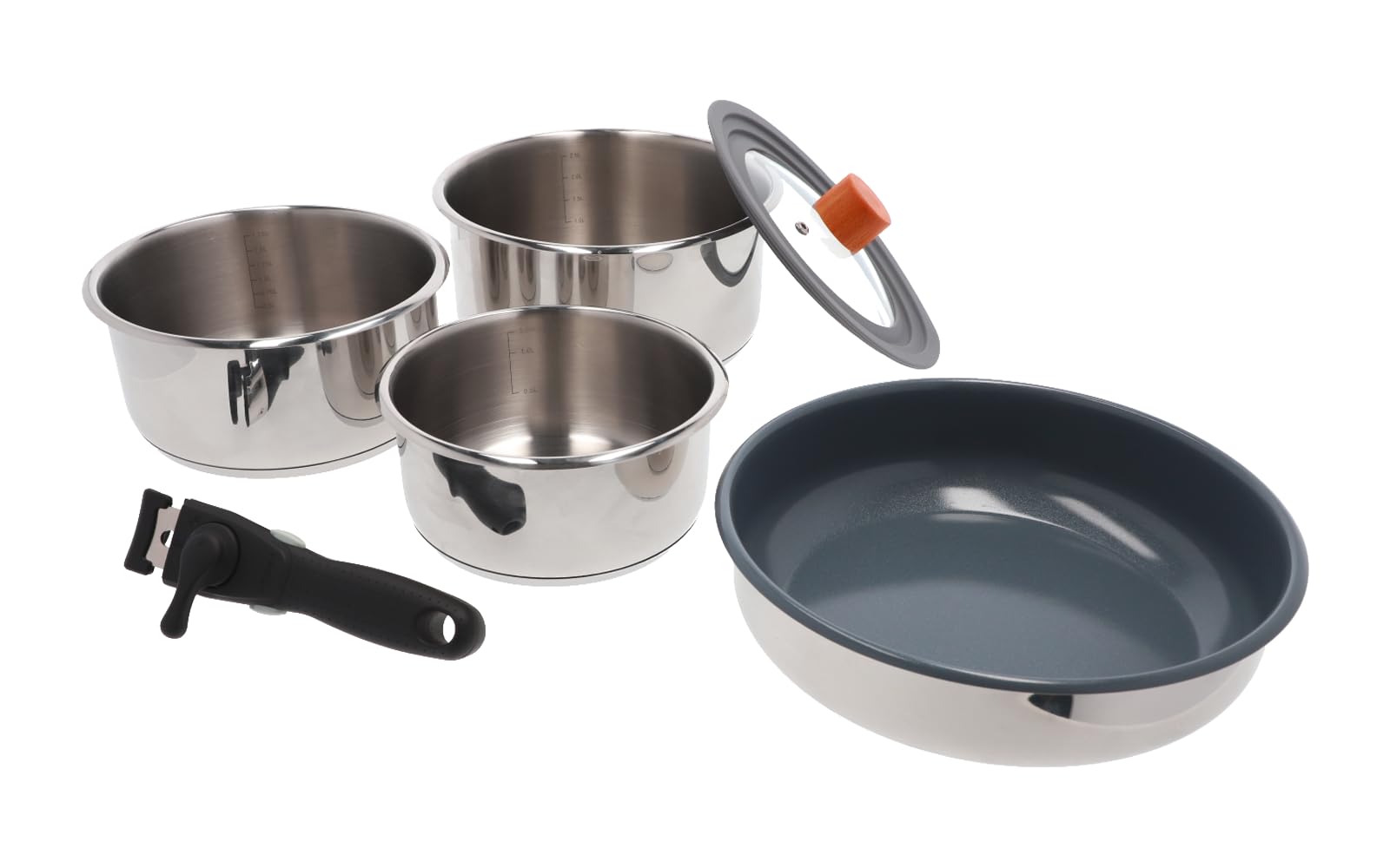 BERGER BlueOak Topfset Induktion 6-TLG. | stapelbares Kochtopf Set mit Pfanne, Glasdeckel & Pfannengriff | Induktions Töpfe Set aus Edelstahl geeignet für Camping & Küche
