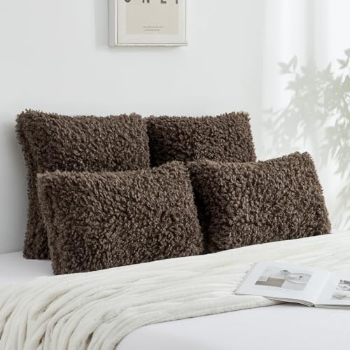 FUTEI Chocolate Decorative Throw Pillow Covers 16x16 Inch Set of 2,Soft Fluffy Faux Wool Fur Boucle Textured Cushion Case,Modern Home Decor for Couch Bed Living Room Office