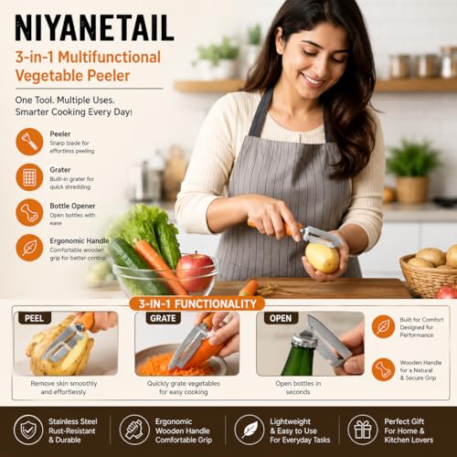 Image of 4-in-1 Multifunctional Vegetable Peeler with Wooden Handle Stainless Steel Fruit & Vegetable Grater & Bottle Opener Ergonomic Kitchen Peeling Tool for Potato, Carrot, Apple, Cucumber & More