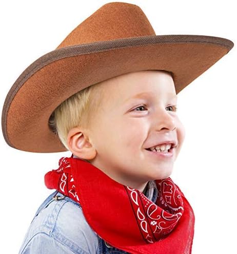 Narwhal Novelties Junior Brown Cowboy Hat with Red Bandana Set - Kids Western Wear with Felt Cowboy Hat for Boys, Kids Cowboy Hats for Dress up Parties - Kids Cowgirl Hat