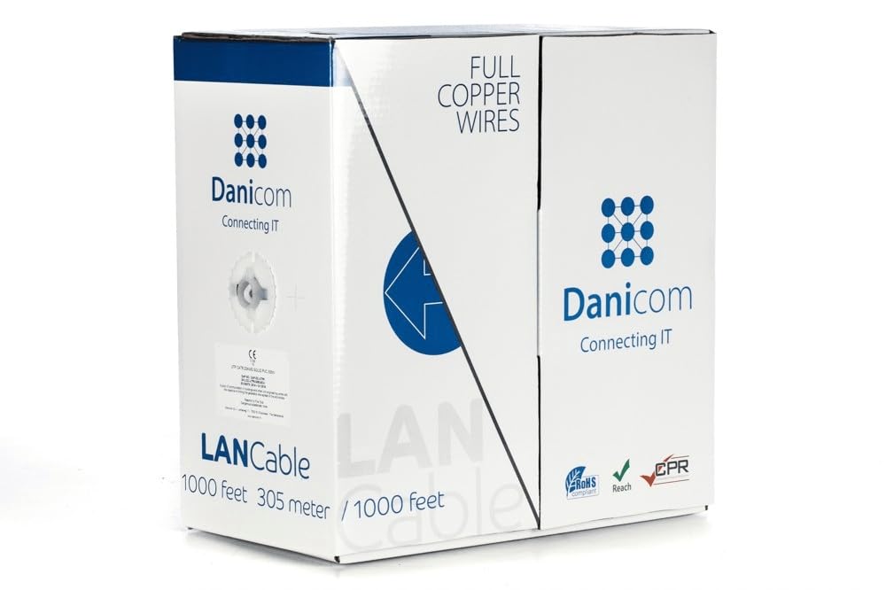 Danicom CAT6 UTP - Conductor rígido (305 m, LSZH (Dca), POE, Ethernet, LAN, cable de conexión, cable de datos, RJ45, para armarios de servidores, conmutadores, routers, módems