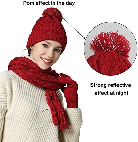 JSHANMEI Scarf Hat Glove Sets Cable Knit Winter Gift Set Pompom Hat Touch Screen Gloves Long Scarf 3pcs Cold Weather Warm Set for Women Girls