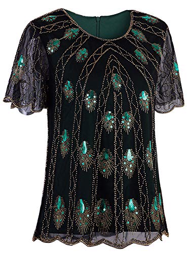Vijiv Women's 1920S Vintage Green Peacock Beaded Tops Flapper Evening Top Roaring 20S Sequin Great Gatsby Shirt Blouse Tunic #TOP3