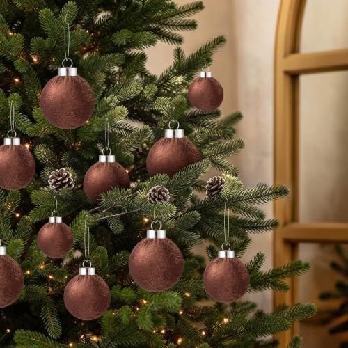 Velvet Christmas Ball Ornaments - 30pcs Flocked Christmas Ornaments Set Shatterproof Classic Hanging Xmas Tree Decorations with Rope for Wreath Holiday Home Decor (Brown) - image 5