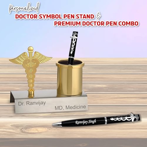 Image of SAVRI Personalized Doctor's Combo - Name Engraved Doctor Symbol Pen & Name /Designation Pen Stand - Customized Gift for Doctors, Surgeons - Perfect for Doctor's Day, Convocation & Premium New year Gift