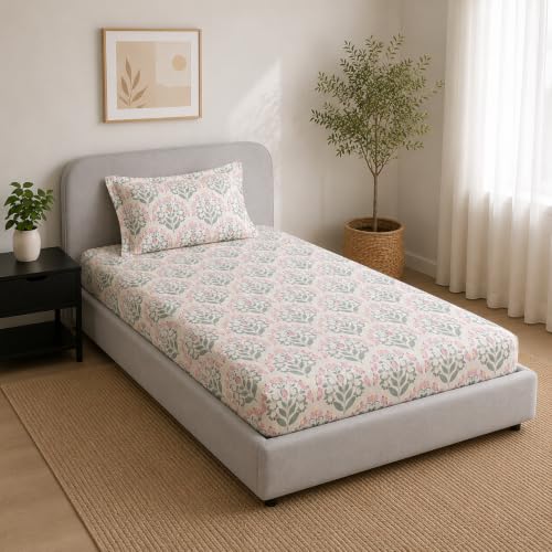 Image of Linen Home Cotton Percale Fitted Bedsheet Set Single Size Sequence Pink