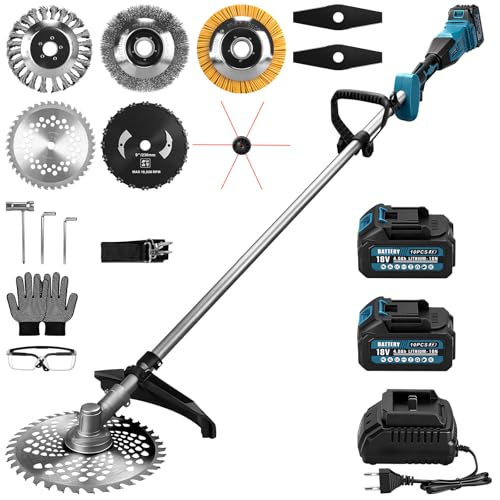 1380W Akku Rasentrimmer mit 2*4Ah Akkus und Ladegerät, 7-In-1 Akku Freischneider mit Bürstenloser Motor, 18800U/min Elektrisch Rasentrimmer mit 7 Rasenmäh-Werkzeuge für Höfe, Gärten und Gehwegkanten