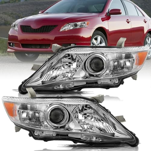 Aosky Headlight Assembly Compatible with 2010 2011 Toyota Camry Factory Halogen Projector Headlamp Driver and Passenger Side (Chrome Housing with Amber Reflector)