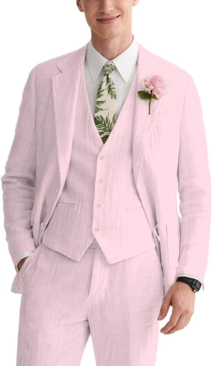 Linen Mens Suit 3 Piece Slim Fit Beach Homecoming Suit for Men Prom Party Casual Blazer Vest Pant Set