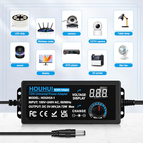 2A 72W Einstellbar Netzteil DC 3V ~ 36V Verstellbarer Universal Umschalter AC/DC Universal Adapter mit LED Spannungsanzeige und 5,5x2,5mm 16 Tipps, für Haushaltselektronik - 2000mA Max