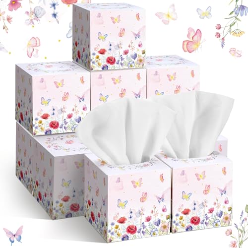 Image of Fourluoo 12 Pack Floral Butterfly Facial Tissues Cube Boxes 600 Sheet 3 Ply | Flower Butterfly Design Small Square Face Tissues Bulk for Summer Car Bedroom Desktop Supply, Soft Facial Tissues, Disposable