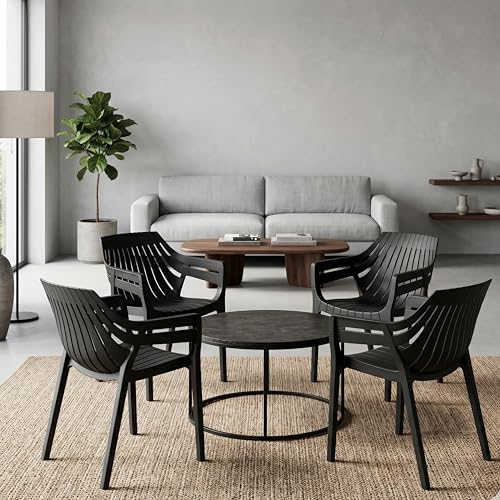 Image of OAKNEST Supreme Spectrum Plastic Arm Chair - Modern Slatted Stackable Chair for Living Room, Dining, Garden, Balcony, Restaurant & Cafe | Weatherproof Indoor Outdoor Designer Chair, Set of 4, Black