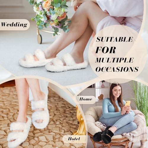 Image of Toulite 6 Pairs Bridesmaid Slippers Bulk, Black White Fuzzy Slippers for Women Fluffy Cozy Open Toe Soft Bride Slipper Wedding Ladies Furry House Shoes