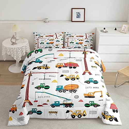 Feelyou Heavy Machinery Truck Bedding Set Tractor Crane Comforter Set for Kids Boys Girls Youth Construction Site Comforter Nursery Decor Quilt Set Room 2Pcs Twin Size