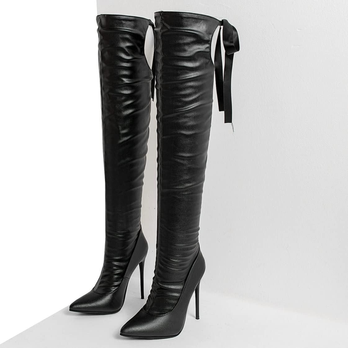 BEAUPAS Women's High Heel Over The Knee Boots Pointed Toe Lace Up Thigh High Stiletto Boots Shoes