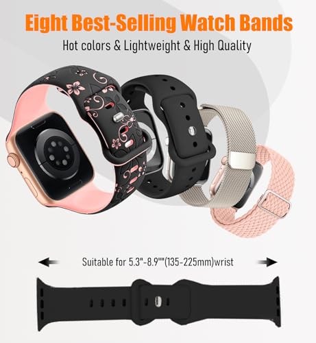 Image of 8 Pack Compatible with Apple Watch Band 42mm 40mm 41mm 38mm for Women Men,Engraved Flower Silicone+Sport +Milanese Loop+Braided Nylon Bands for iWatch Series 11 /10 /9 /8 /7 /6 /SE /5 /4 /3