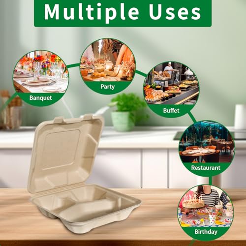 image for Aricsen Compostable 100 Pack 8x8 Inch 3 Compartment Takeout Lunch Box 