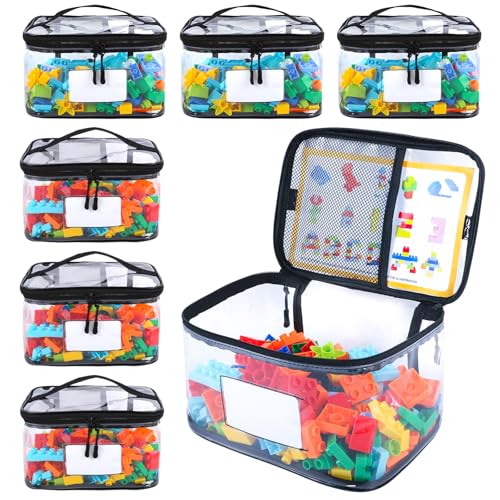6 Pack Large Toy Storage Bags with Name Tag & Manual Pocket, Reusable Clear PVC Board Game Storage, Travel Waterproof Organizer Bags with Zipper for Building Blocks, Puzzle Storage, Kids Books