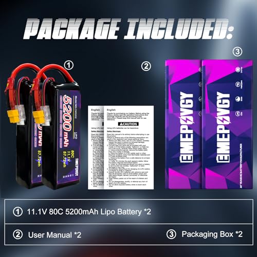 EMEPOVGY 11.1V Lipo Battery 3S 5200mAh 80C Lipos Soft Case with XT60 Connector for RC Car Airplane Helicopter Boat Racing RC Hobby(2 Packs)