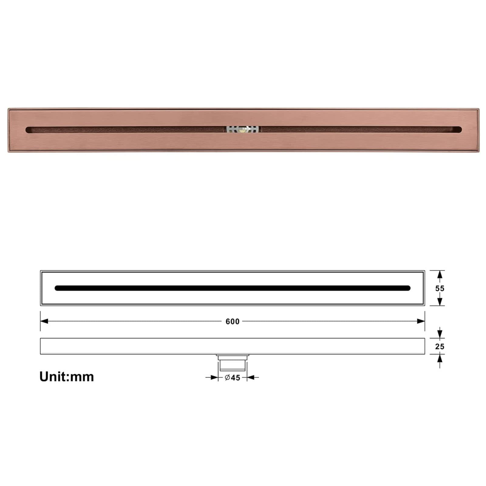 Scarico Doccia Lineare Oro Rosa 60cm, Scarico A Pavimento In Acciaio Inox Rettangolare, Scarico Doccia Con Griglia Sfoderabile, Filtra Capelli, Alta Cilindrata